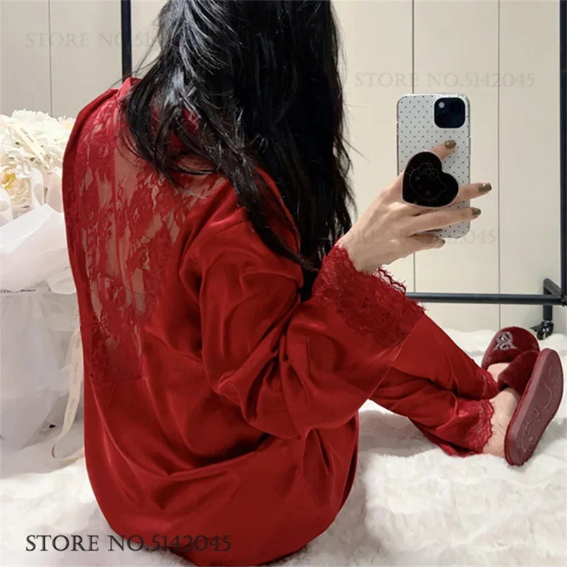 

Sexy Hollow Out Lace Pajamas Set Lingerie Spring New Women's Sleepwear Pijamas Suit Loose Casual Silk Satin Homewear Loungewear