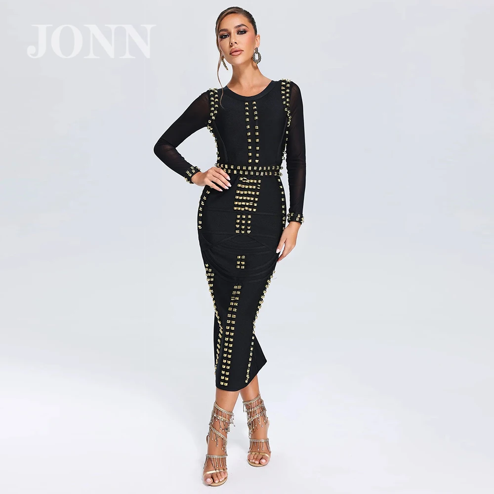 

JONN 2024 New Summer Women's Round Neck Long Sleeve Metal Button Tight Bandage Dress Celebrity Club Lace Dress Wholesale