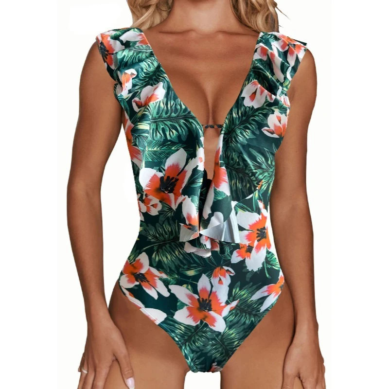 

Womens Sexy Push Up Monokini Swimwear One Piece Ruffle Swimsuit Adjustable Shoulder Bathing Suit Bodysuit Swim Beachwear