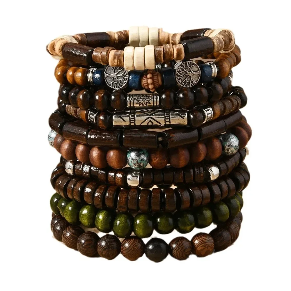 10PCS Bohemia Ethnic Beaded Bracelets For Men Vintage Multi Layer Wooden Beads Life Tree Beaded Bracelets Accessory Gifts Party image 5