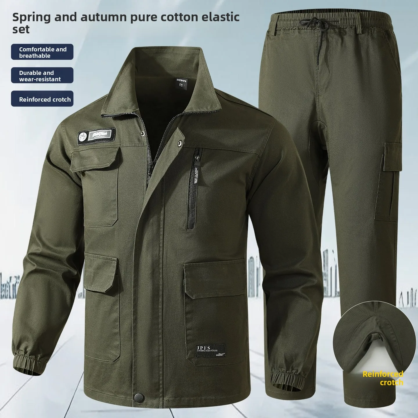 Spring Autumn Pure Cotton Work Uniform Set Men's Welder Wear Resistant Workwear Loose Fit Elastic Large Size Jacket