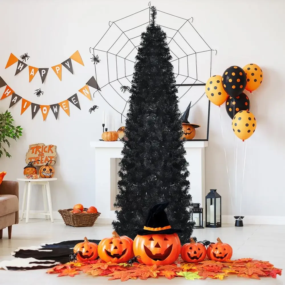 

7ft Pre-lit Slim PVC Black Halloween Christmas Tree 818 Branch Tips LED Lights Metal Stand Free Ornaments Multipurpose Easy