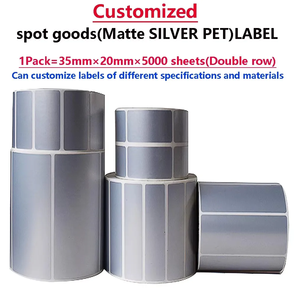 

Индивидуальные матовые серебристые этикетки из ПЭТ, 1 упаковка, 35мм×20мм×5000 листов, двойной ряд, для печати на резиновой ленте с углеродным покрытием