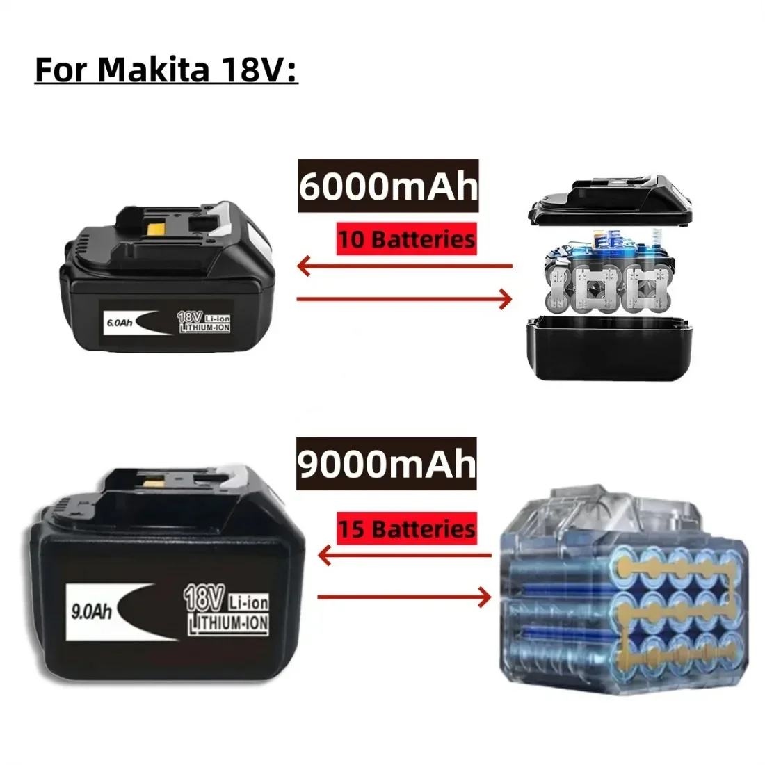 

For Makita 18V Battery 6Ah BL1850B Li-ion Replacement Battery BL1850 BL1860B BL1860 BL1840B BL1830B BL1830 LXT-400 RU