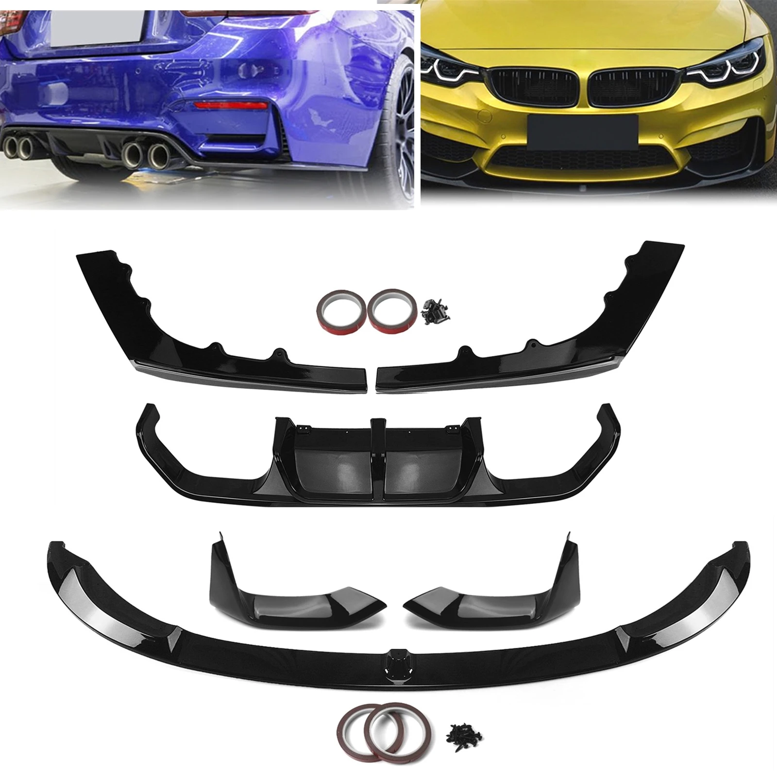 

For BMW F80 M3 F82 F83 M4 2015-2020 Gloss Black/Carbon Fiber Look Rear Diffuser+Front Bumper Spoiler Lip Splitter Blade Body Kit