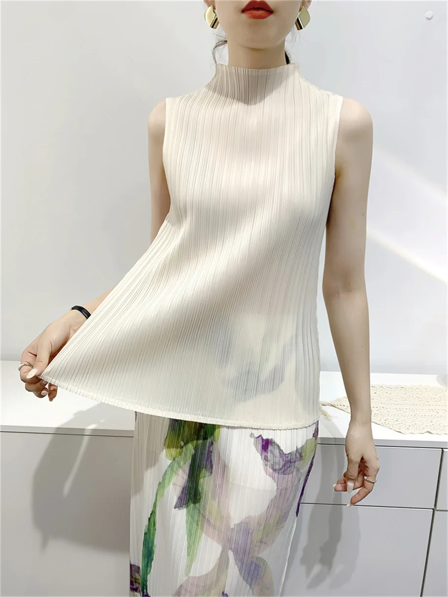 Miyake Summer Outwear Vest Slim High Stretch Pleated Top Half High Neck Sleeveless Comfortable Casual