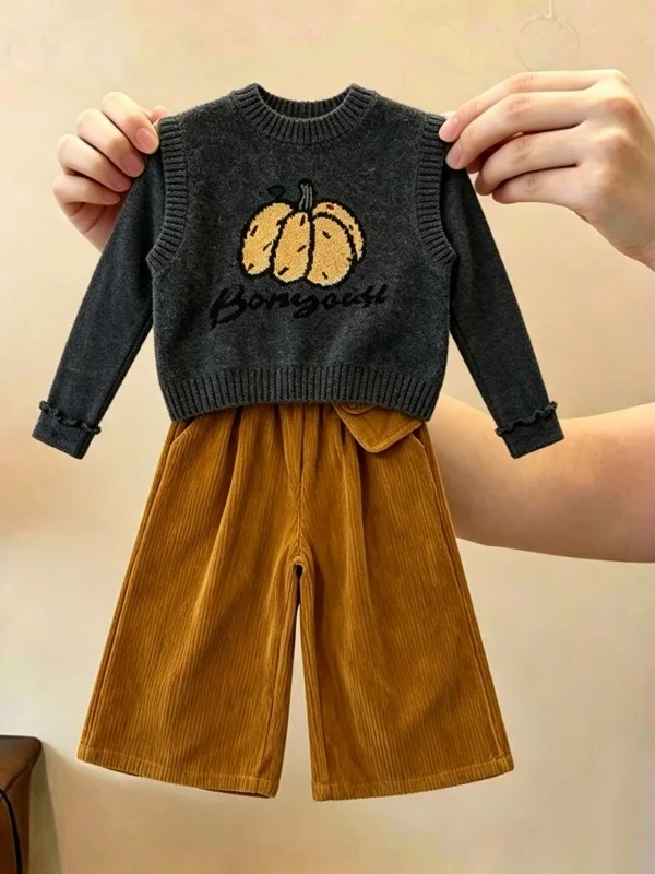 Fall Fashionable Girls Pumpkin Sweater Vest Pants Three Piece Set Cute Children's Clothing Casual Sportswear Student School U...