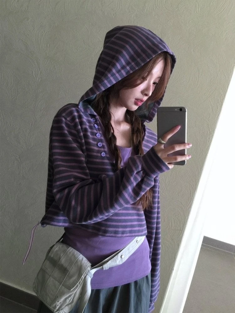 Herbstliche Vintage-Kapuzenjacke mit Streifen, Harajuku, lässige koreanische Mode, Fake-Two-Top-Design, amerikanischer Stil, elegante Sweatshirts für Damen