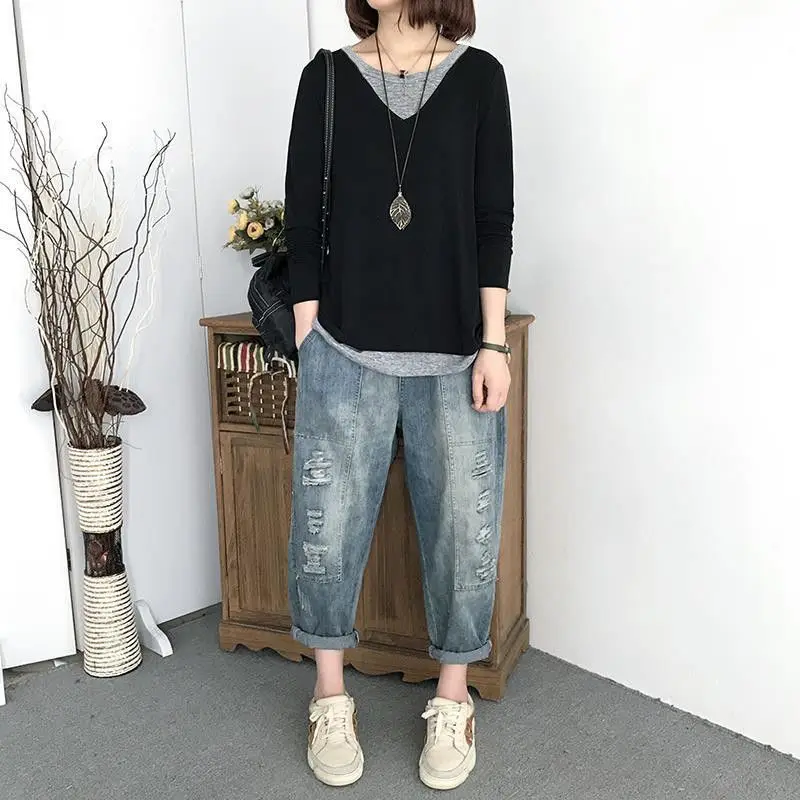 Fashion O-Neck Spliced Fake Two Pieces Tee Shirt Female Clothing 2022 Autumn New Loose Casual Pullovers Tops Oversized T-shirt