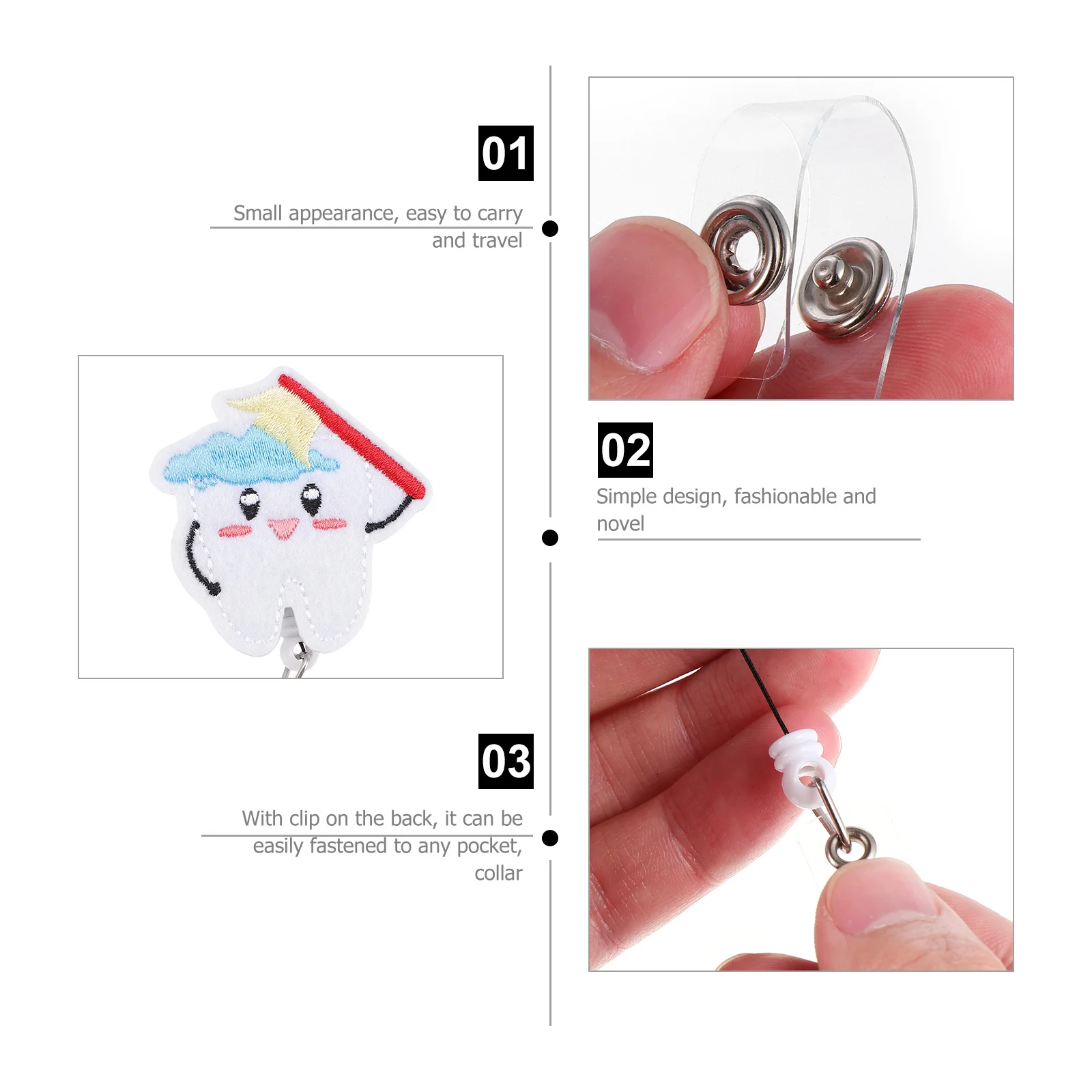 

Retractable Badge Holder Cute Felt Teeth Design Id Reel Clip on for Pocket Collar Bag Name Badge Holder Accessory