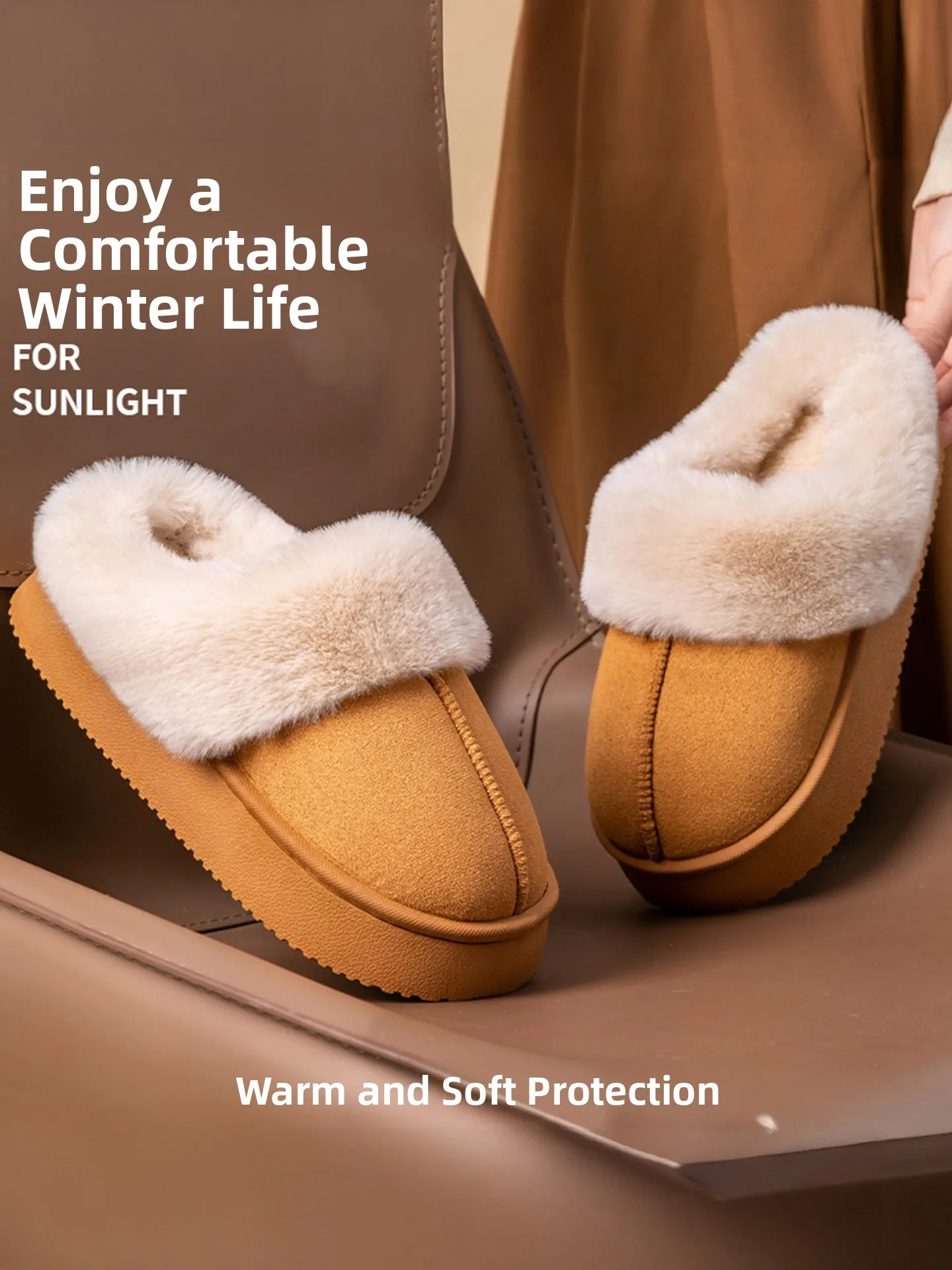 شباشب قطنية جديدة لخريف وشتاء 2025، نعل سميك من الجلد المدبوغ، مبطنة بالفرو، أنيقة للمنزل، مضادة للانزلاق ودافئة