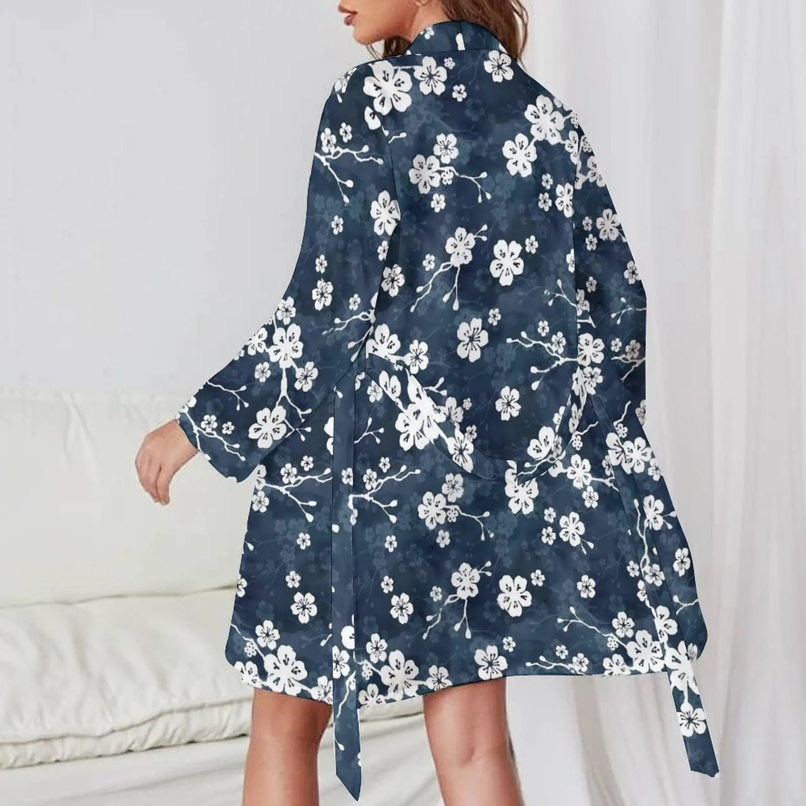 Blue Fower Print Pajama Robe Women Cherry Blossom Comfortable Sleepwear Long Sleeve V Neck Pajamas Robes Spring Sexy Dress