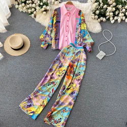 French Retro Printing Women Pajamas Set Elegant Temperament Sleepwear Loose High Waist Wide Leg Trousers Pijama 2 Pcs Home Suit