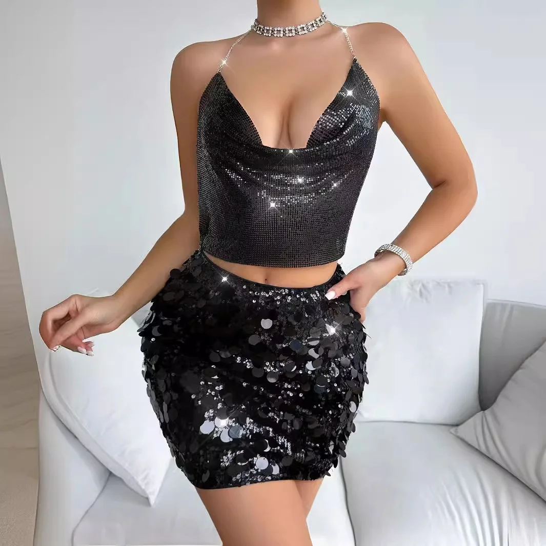

Sexy Metal Sequin Backless Strap Y6008 Hanging Neck Gown Women's Ethnic Costume Stage Performance Dress Spring 2023