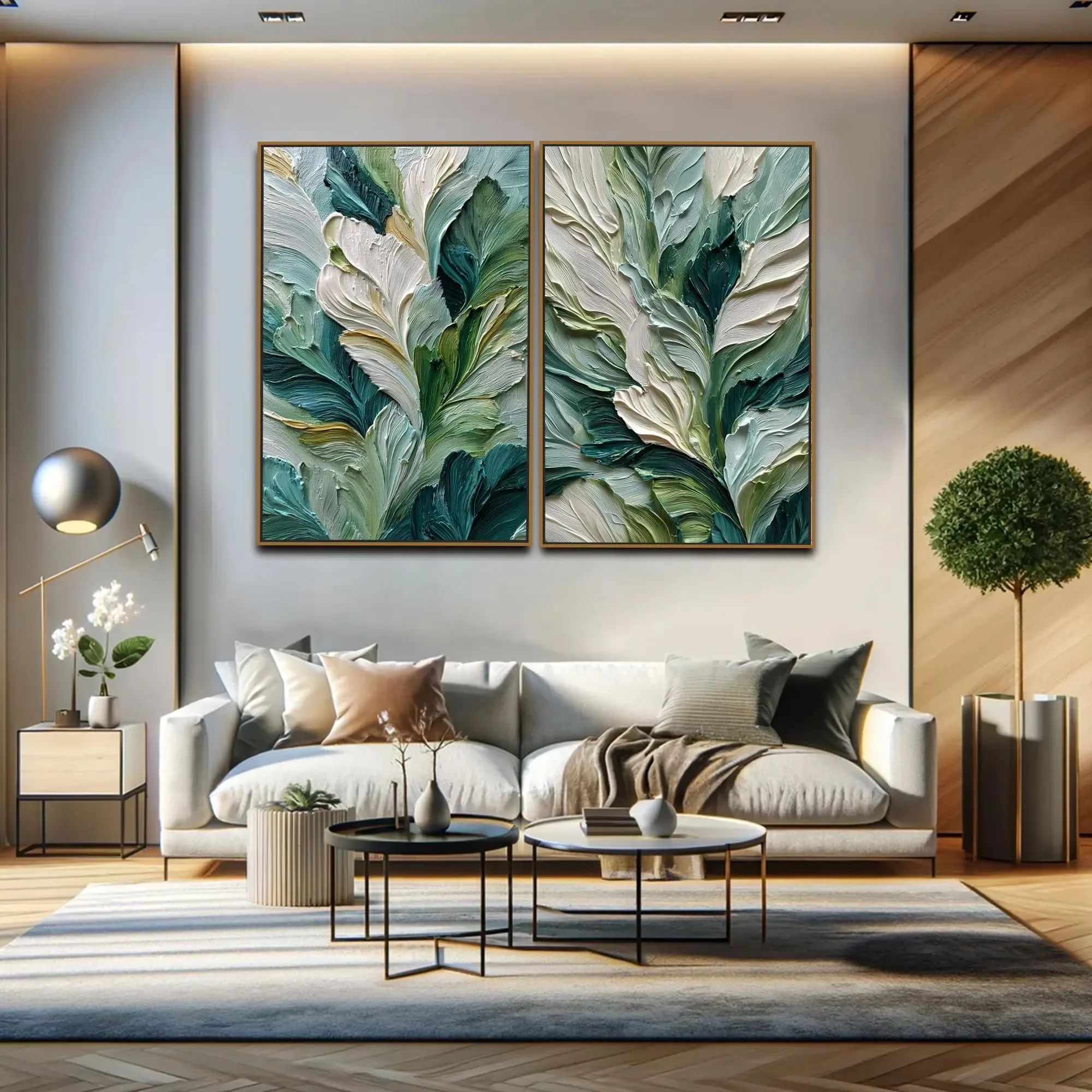 Thick Impasto Green Leaf Abstract Canvas Wall Art Set Minimalist Teal Neutral Botanical Diptych Poster for Modern Home Decor