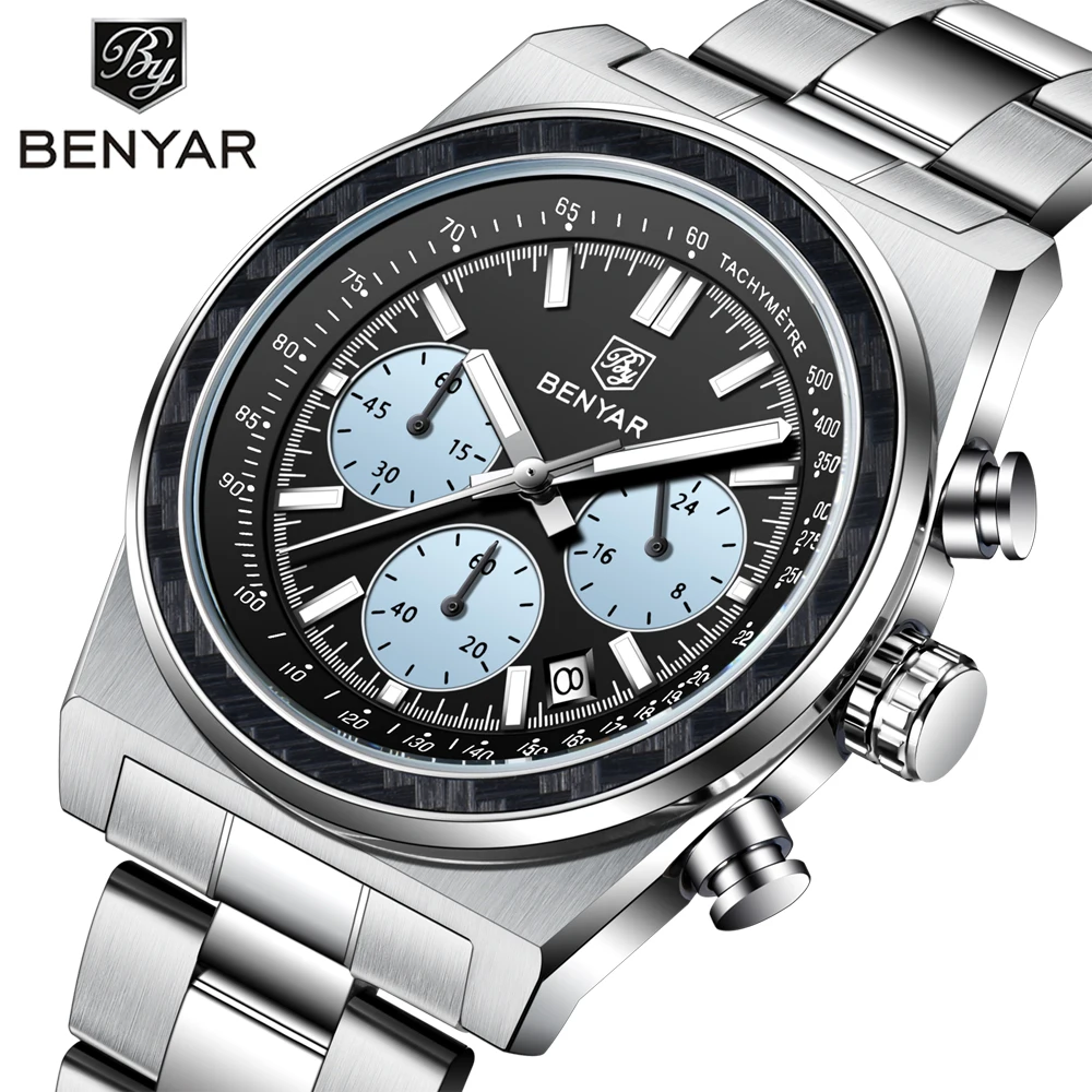 BENYAR 5229 Quartz Watches for Man Elegant Luminous Calendar Chronograph Stainless Steel Strap Business Fashion Mens Wristwatch