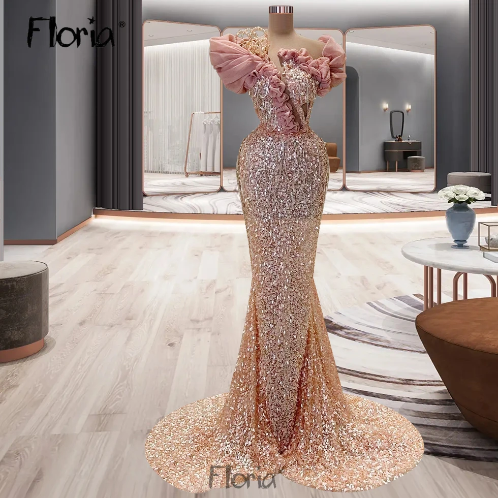 

Gorgeous Pink Dubai Mermaid Evening Dresses Luxury 2023 Sequins Robe Longue Soirée Scoop Neck Largo Fiesta Noche Custom Made