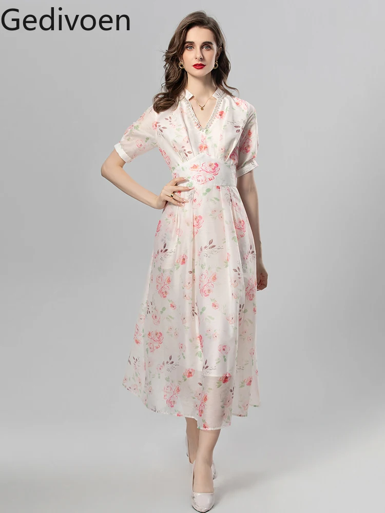 Gedevoen Zomer Mode Catwalk Designer Jurken Dames Vintage Bloemenprint Temperament Elastische Taille Parels Kralen Jurken