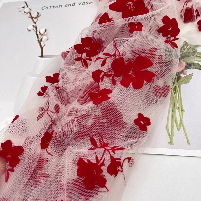 6 colori fiore nero floccaggio tessuto di pizzo floccato maglia morbida tulle per abito da sposa velo da sposa vestito tutu larghezza 51 "