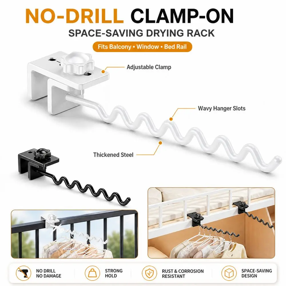 Adjustable Clamp-On Clothes Rack Space-Saving Wavy Hanger Slots Hanging Clothes Rail No-Drill Installation Clothes Drying Rack