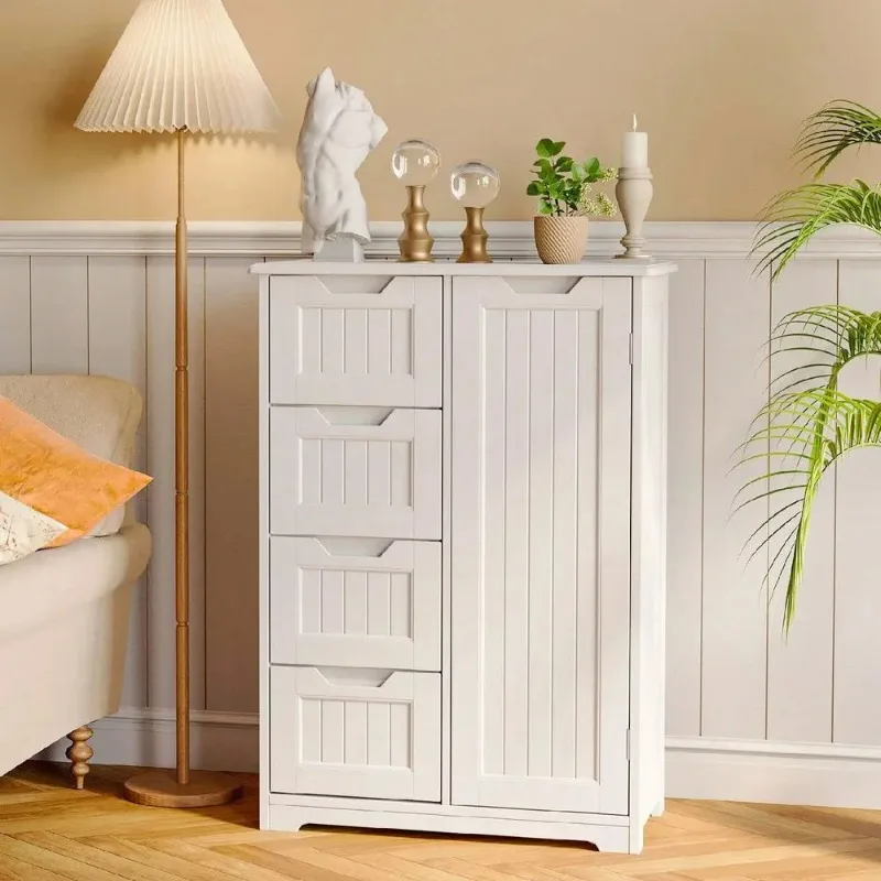 

Bathroom Floor Freestanding Storage Cabinet Small Kitchen Pantry Cabinet With Door Shelves 4 Drawers