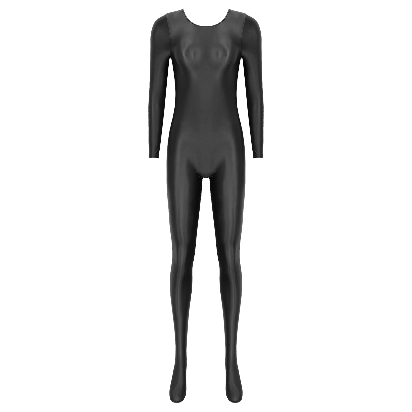 Womens Glossy Jumpsuit Long Sleeve Bodystocking Full Body Romper Nightwear Smooth Bodycon Rompers for Sports Gym Yoga Fitness