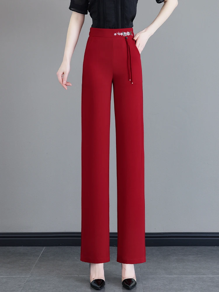 

Широкие брюки из ледяного шелка для женщин, летние, тонкие, с высокой талией, свободного кроя, повседневные, прямые, в корейском стиле, для офиса, длинные брюки