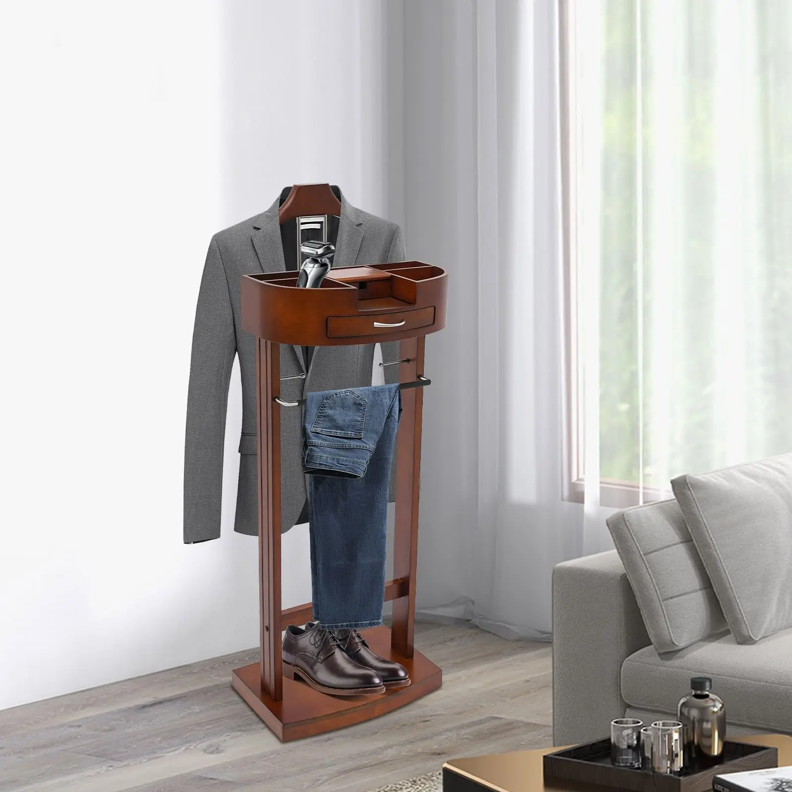 Wood Suit Rack Suit Stand for Men and Women Clothes Valet Suit with Drawer Valet Stands Men Valet Brown Suit Valet for Entryway