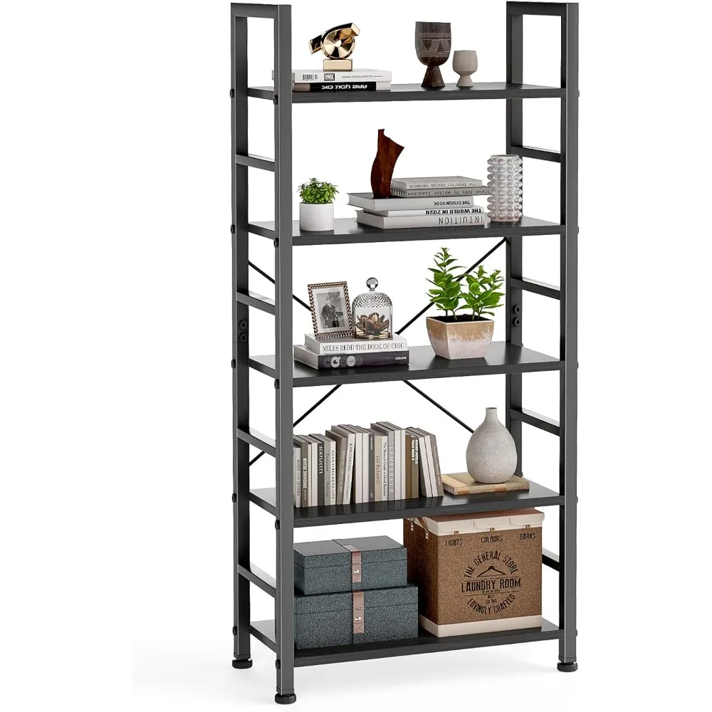 

5 Tier Bookshelf Tall Display Storage Organizer for Books CDs Movies Modern Black