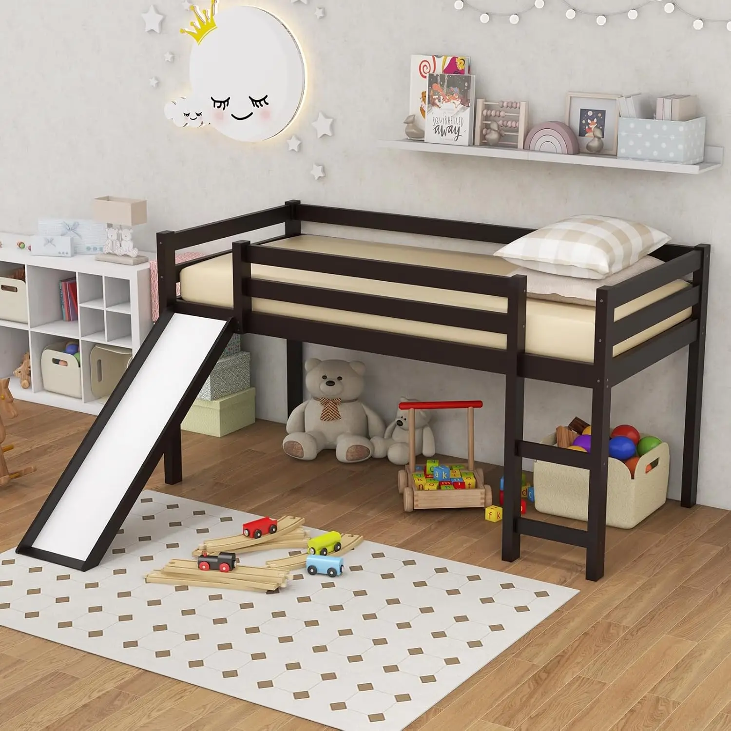 

Giantex Twin Loft Bed With Slide, Wood Low Loft Bed For Kids, Toddlers, Twin Bed Frame With Climbing Ladder & Storage Space,