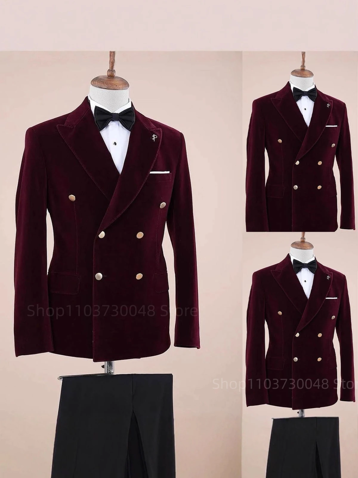 

Men's Burgundy Velvet Suit Double Breasted 2-Piece Slim Fit Suit Business Wedding Party Men Tuxedos Peak Lapel Jacket with Pants