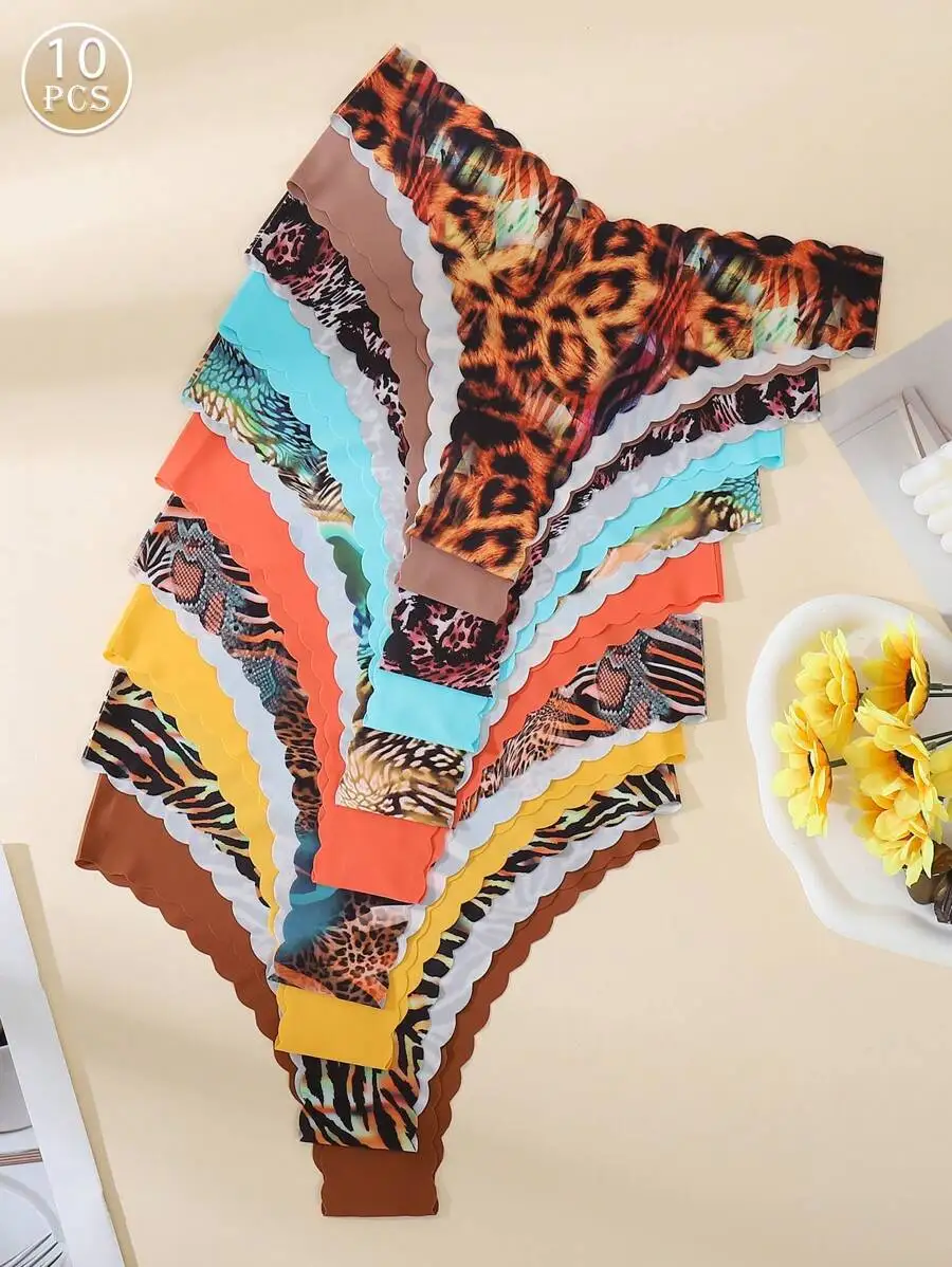 

10pcs Women Seamless Wavy Edge Triangle Panties Breathable Soft Skin Friendly