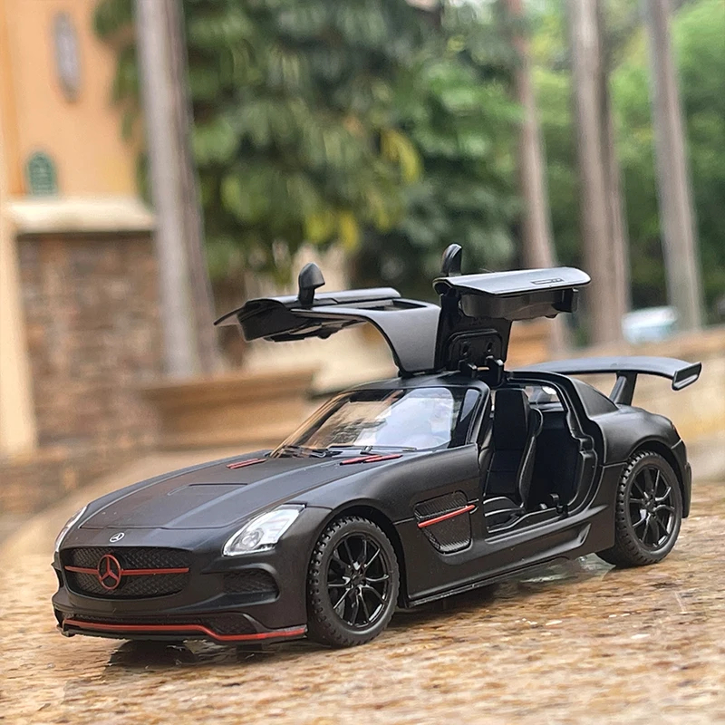 

1:32 Benz SLS AMG модель автомобиля из сплава, имитация крыла чайки, двери, спортивный автомобиль, украшения, детские игрушечные машинки, подарки