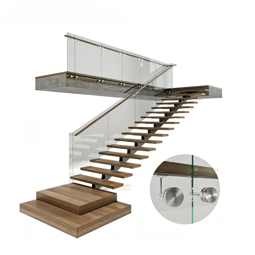 High quality indoor L-shaped stairs tempered glass solid wood steel wrought iron PVC outdoor villa floating stairs