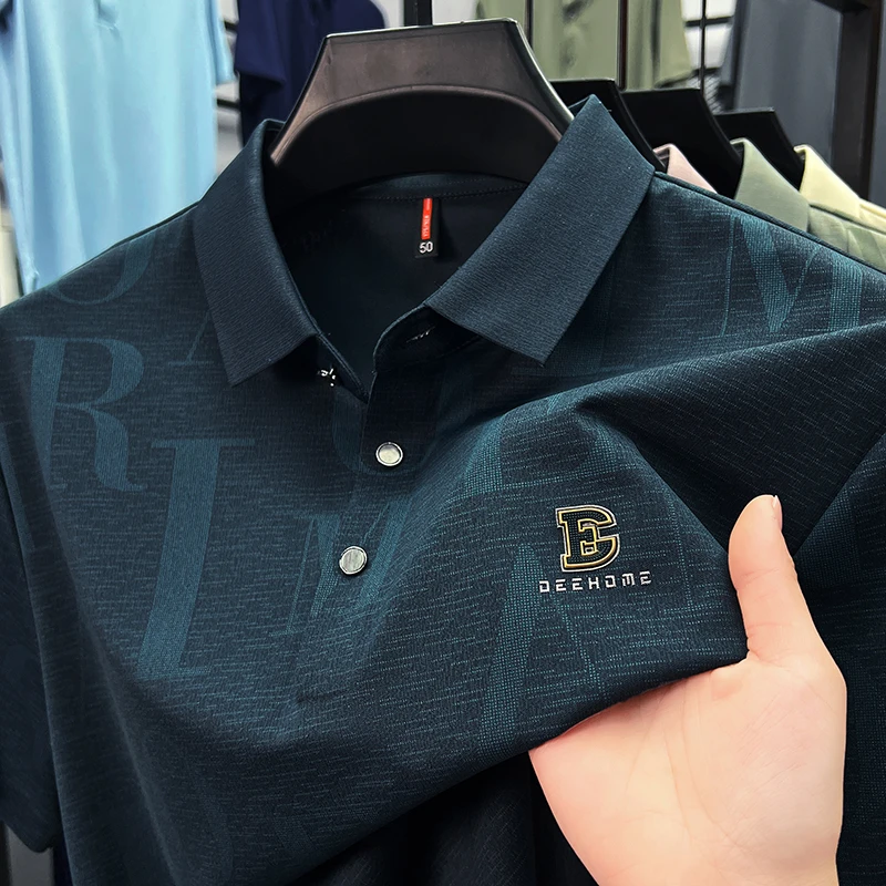 تي شيرت رجالي بأكمام قصيرة وطية صدر السترة من العلامة التجارية الفاخرة الخفيفة مطبوع عليه حروف شخصية حريرية ناعمة وصديقة للبشرة وقابلة للتنفس قميص بولو جديد