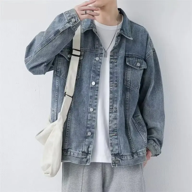 Męska kurtka oversize na wiosnę i jesień, młodzieżowa moda, kwadratowy kołnierz, styl high street, materiał poliestrowy, długa kurtka wierzchnia.