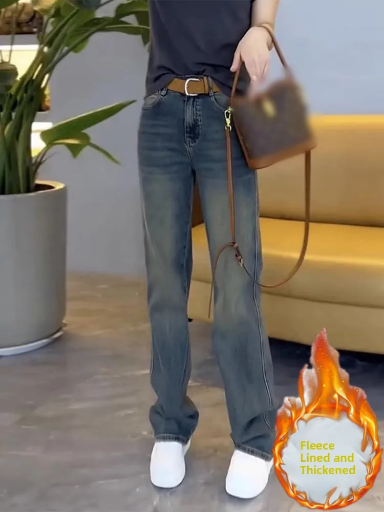 

Джинсы прямого кроя с флисовой подкладкой, женские брюки с широкими штанинами, длинные брюки для фигуры типа «груша», большие размеры, женские утягивающие брюки