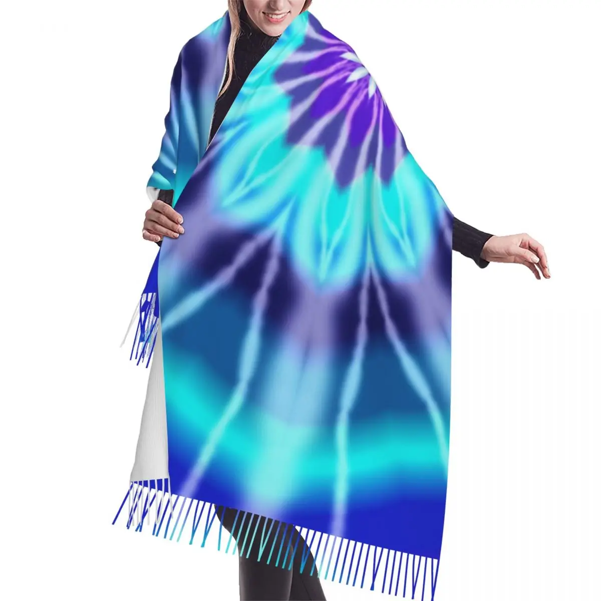 Custom Blue And Purple Tie Dye Scarf Wrap for Women Long Winter Warm Tassel Shawl Unisex Traditional Dyeing Art Scarves