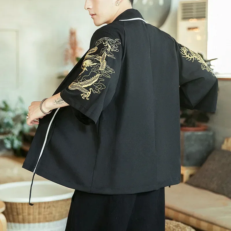 Large Size Embroidery Kimono Cardigan Men Japanese Samurai Clothing Male Yukata Haori Obi Summer Beach Kimono Outerwear