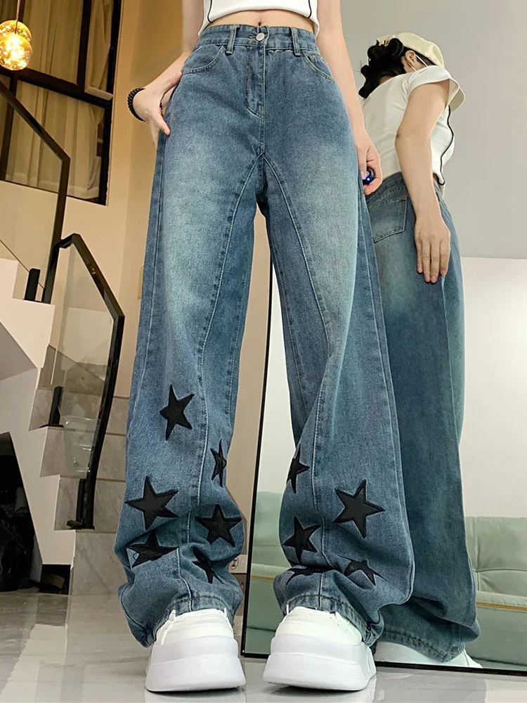 

Woman Men American Retro Jeans High Waist Straight Wide Leg Denim Pants High Street Unisex Punk Washed Oversized Loose Trousers