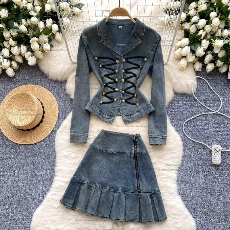 

Retro Notched Collar Denim Two-piece Set Solid Color Tied Up Buckle Coat + Solid Skirt Suit Spring Summer New Casual Women