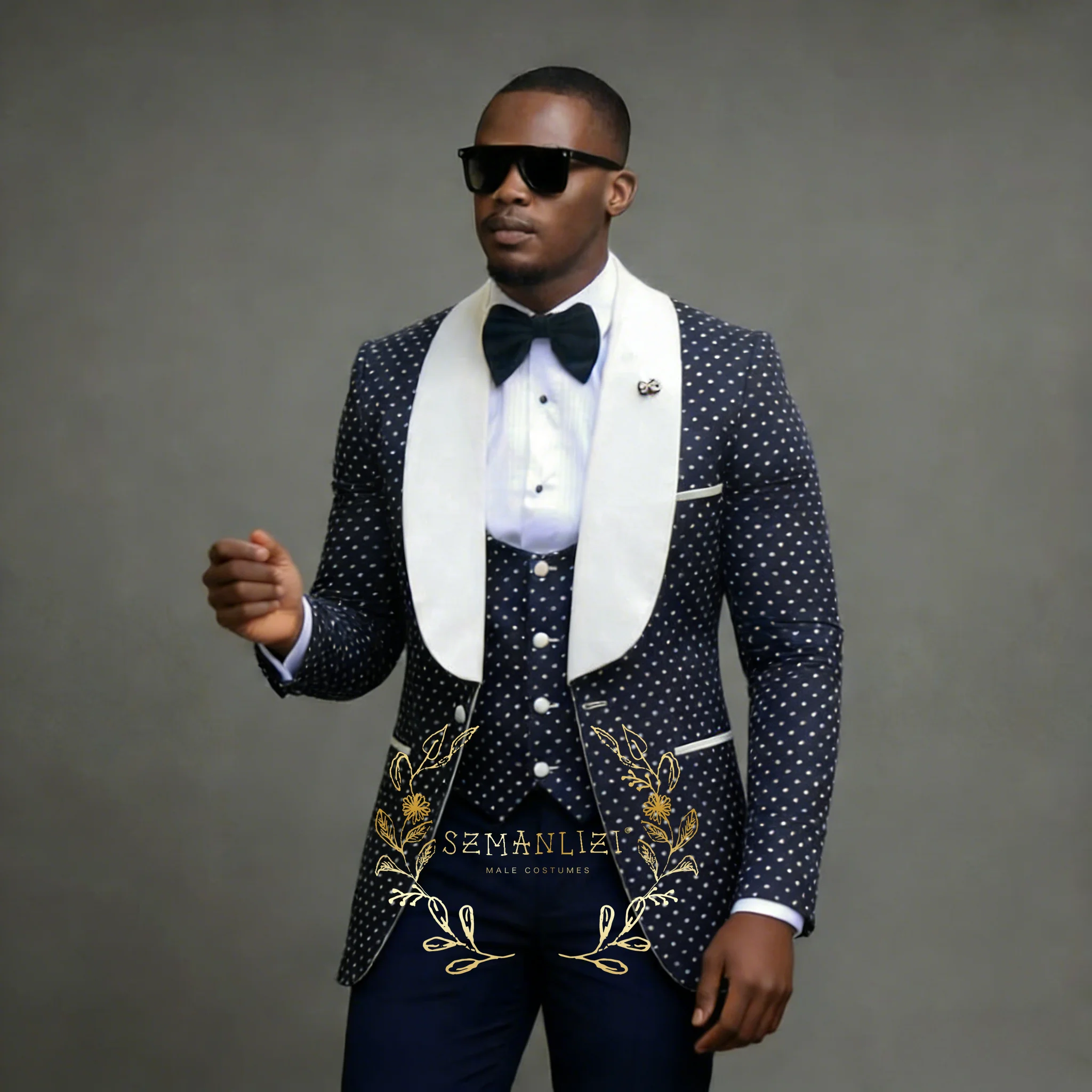 

Мужской костюм-тройка темно-синего цвета в горошек: модный наряд для вечеринок, свадебный смокинг для жениха, пиджак, брюки, жилет, наряд для шафера