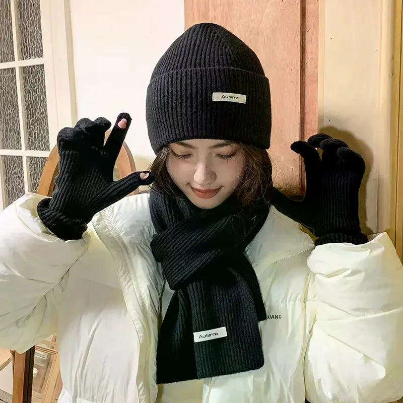 محبوك الشتاء وشاح امرأة بلون قبعة وشاح قفازات المرأة يندبروف الكبار ثلاث قطع مجموعة موضة المرأة وشاح طقم قبعات #4