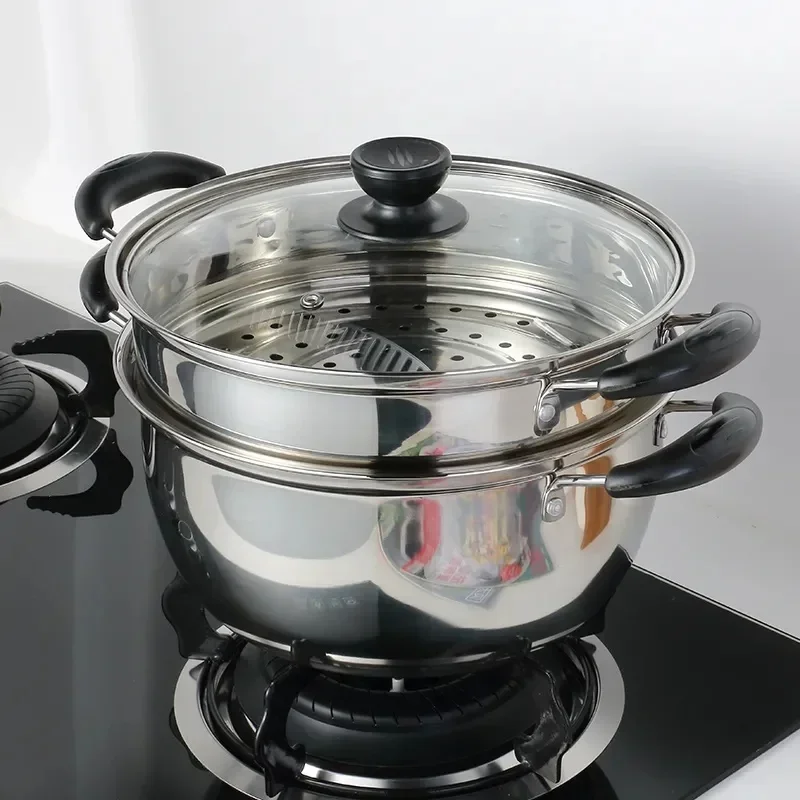 Multifunctional cooking pot, stainless steel soup pot, thickened anti-scalding handle, kitchen steaming pot, tempered glass lid