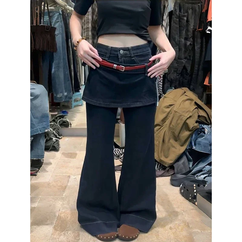 المرأة خمر وهمية قطعتين الجينز الأزرق الشارع الشهير Y2K واسعة الساق مستقيم جان عالية الخصر السراويل الرجعية مضيئة الدينيم السراويل