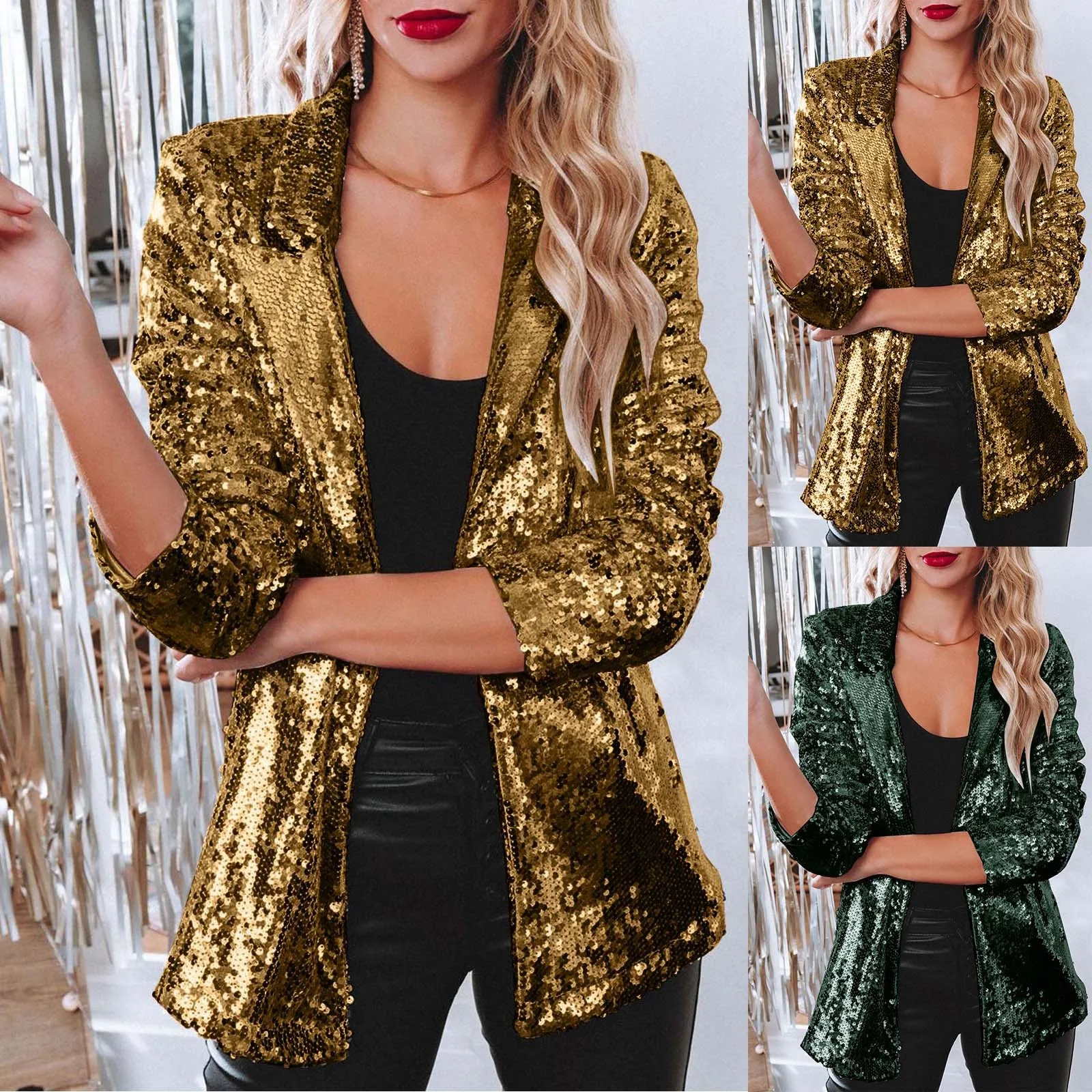 Women Sequins Sequin Casual Long Sleeve Glitter Party Shiny Lapel Coat Rave Outerwear Mid Length Womens Coats Belted Coat