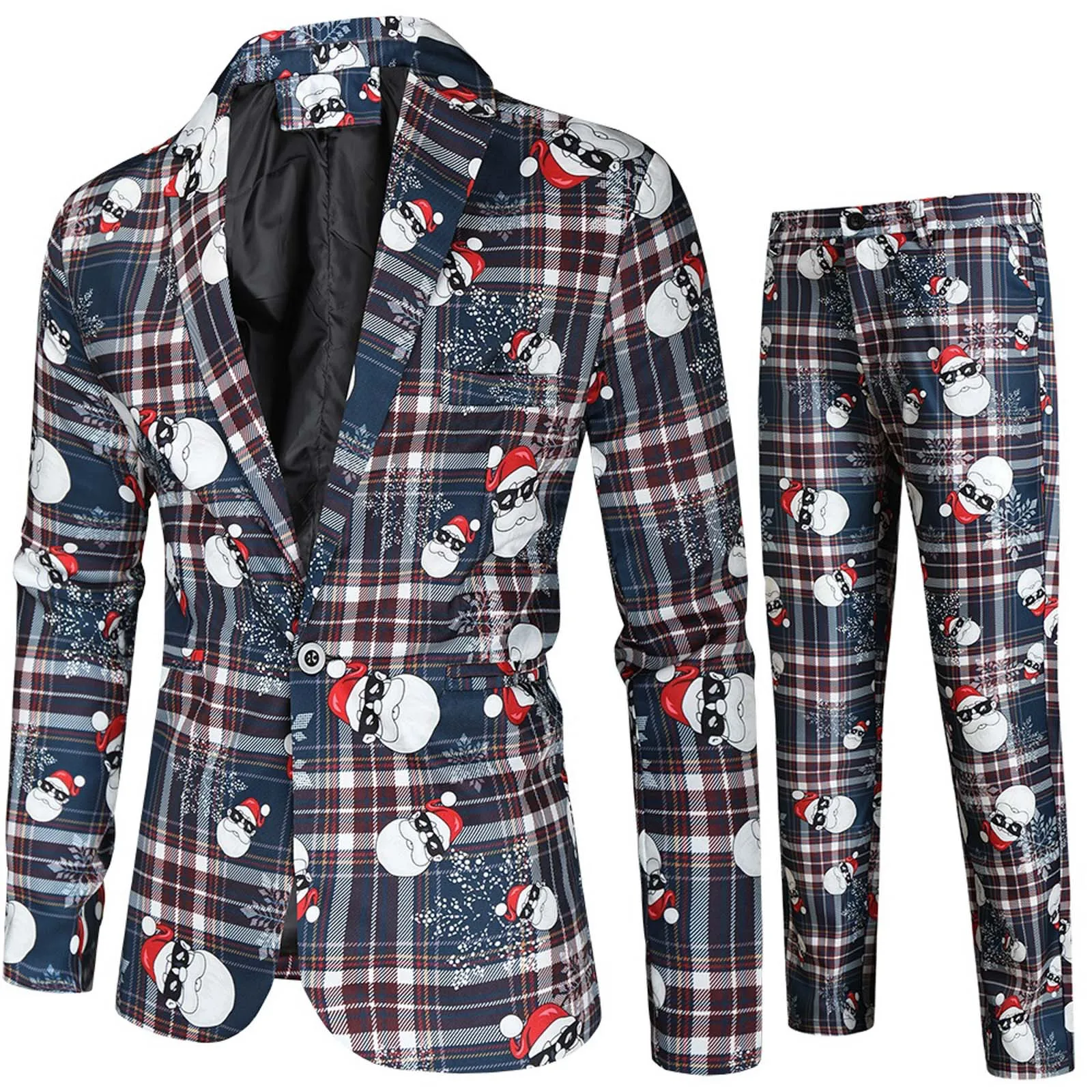 Christmas Cartoon Santa Snowflake Print 2 Pcs/Set Jacket Pants Suit Men New Year Party Stylish Blazer Coat with Trousers