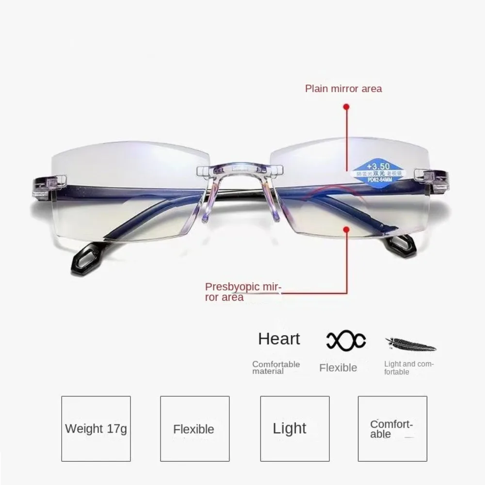 PC Reading Glasses Strength: 1.0~4.0x Black+Blue Rimless Eyeglasses Diamond-cut Bifocal Rectangle Blue Light Blocking Glasses