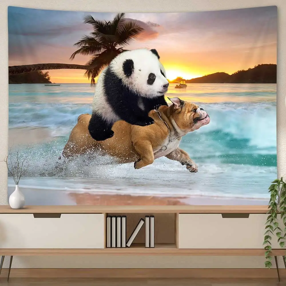 Funny Animals Tapestry,Hippie Style Cool Panda Ride Pug Dog Running in Beach Tapestry,Wall Hanging for Bedroom Living Room Dorm