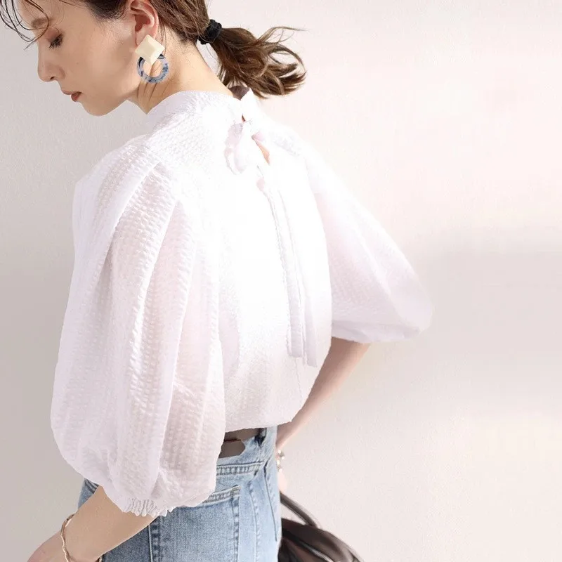 2024 Bubble Sleeve Temperament Women's Shirts Loose Summer New Office Commuter Clothing Solid Stripes Youthful Woman Clothes Top